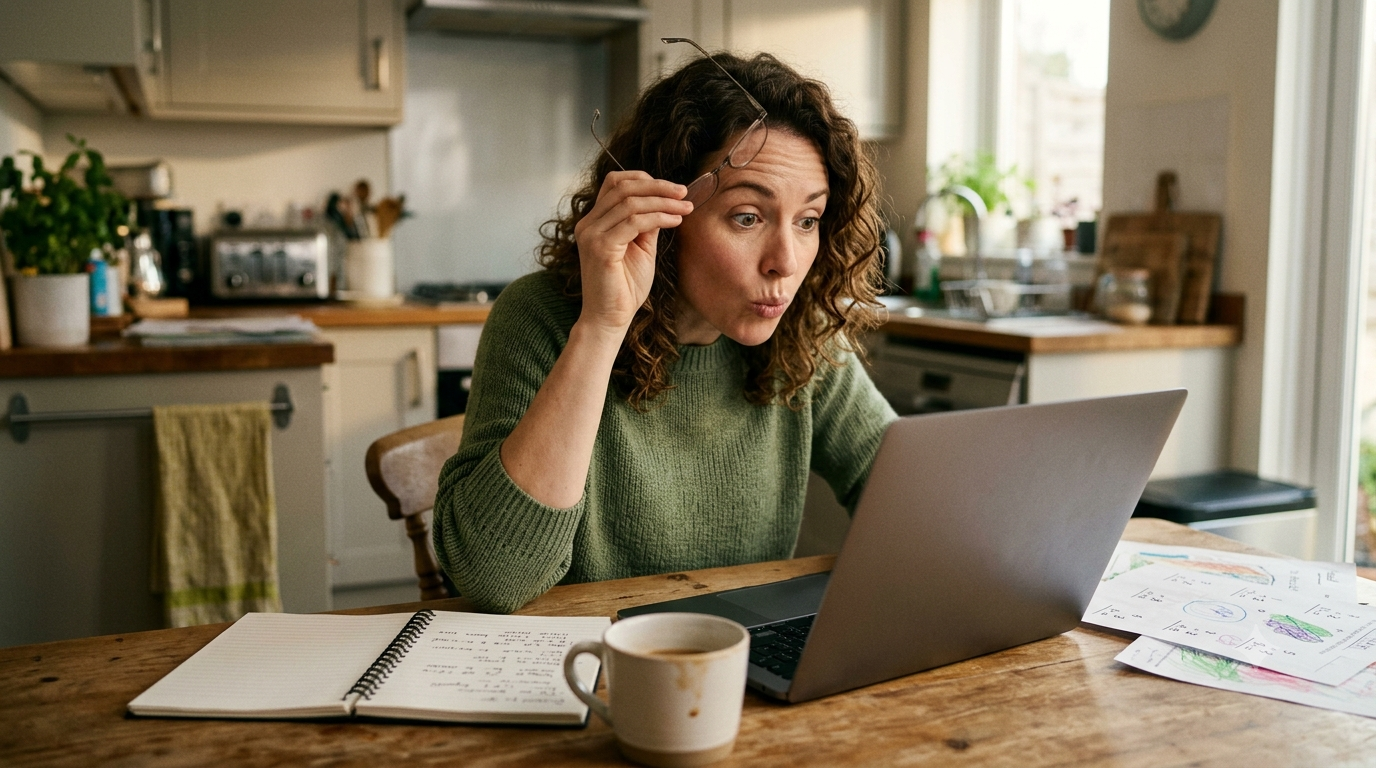 A homeschool parent at her kitchen table, taking off her glasses while looking at her laptop, with a child's colorful worksheet papers on the table beside her