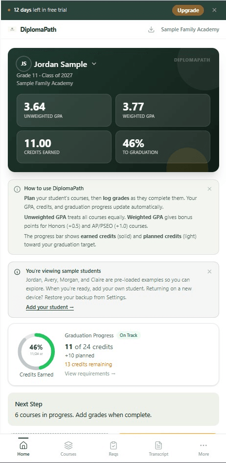 The DiplomaPath dashboard showing a student profile, parent checklist progress, and GPA/credit summary