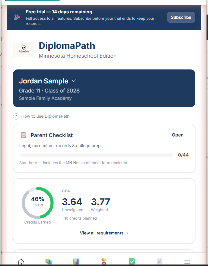 The DiplomaPath dashboard showing a student profile, parent checklist progress, and GPA/credit summary