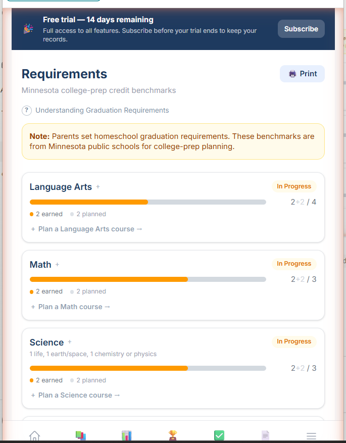 The DiplomaPath requirements screen showing progress bars for Language Arts, Math, and Science credit requirements
